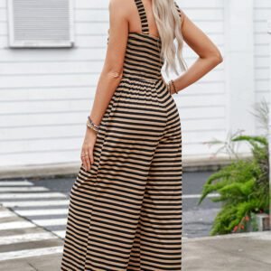 Brown Stripe Square Neck Shirred Wide Leg Jumpsuit