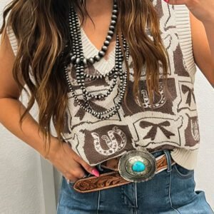 Brown Western Horseshoe Bow Printed V Neck Loose Sweater Vest