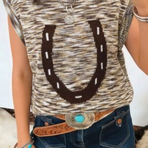 Brown Western Horseshoe Printed Round Neck Sweater Vest