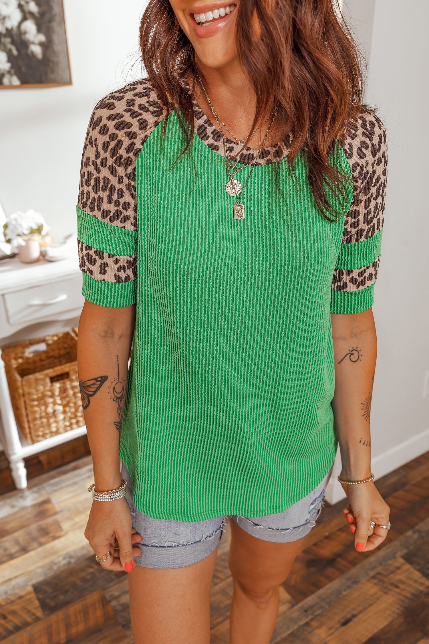 Green Corded Rib Leopard Color Block Patchwork Tunic Tee