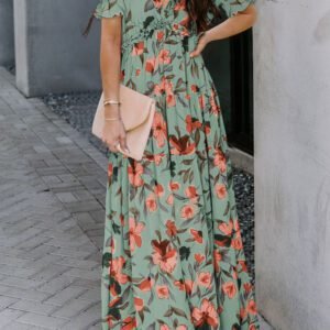 Green Fiery Floral Print Frilled V Neck Short Sleeve Maxi Dress