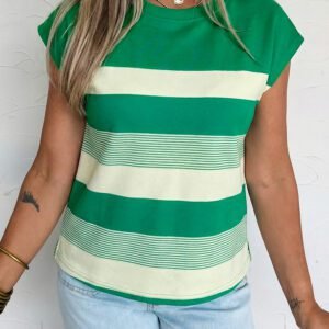 Green Stripe Mixed Print Crew Neck Cap Sleeve T Shirt
