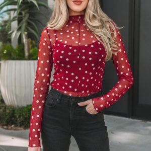 Red Polka Dot Patterned Bodycon Mock Neck Mesh Long Sleeve Top