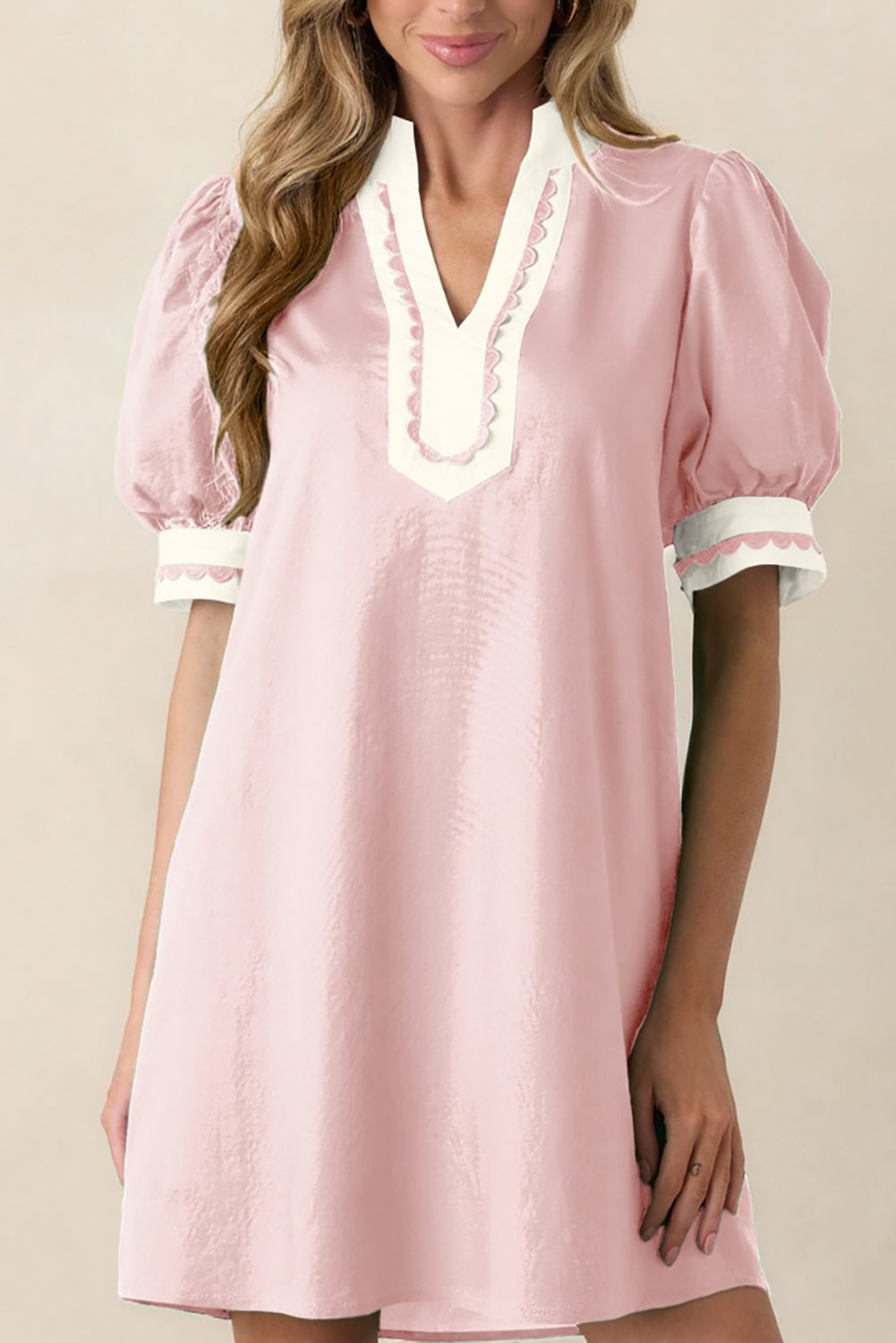 Light Pink Scallop Color Block Trim Puff Sleeve Mini Dress
