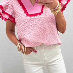 Pink Eyelet Embroidered Flower Texture Contrast Lace Trim Flutter Sleeve Blouse