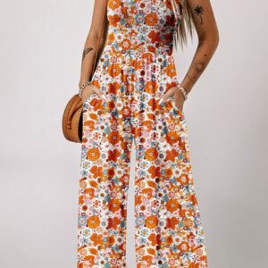 Orange Floral Print Sleeveless Smocked Shift Jumpsuit