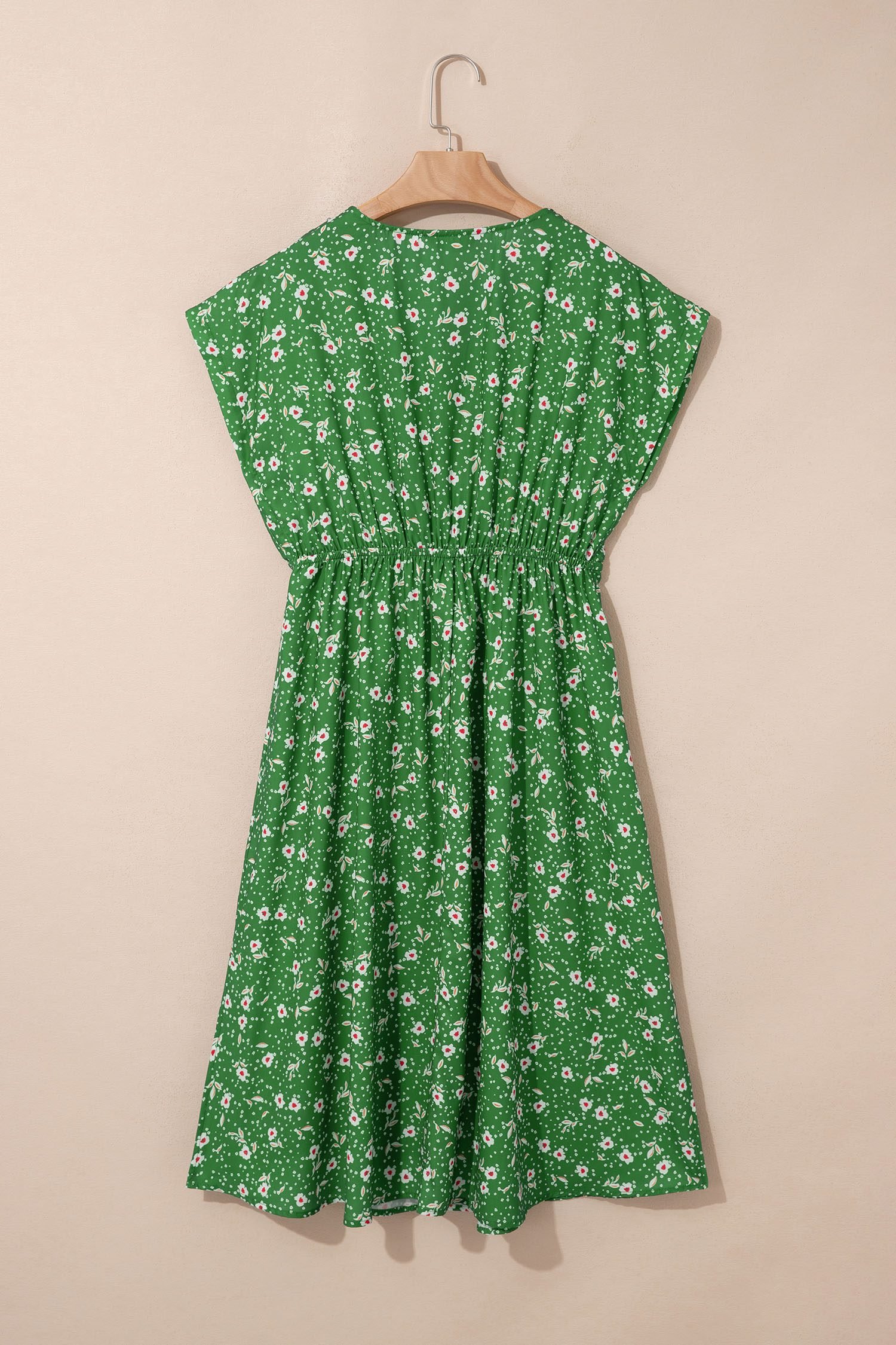 Green Abstract Print Embroidered Trim V Neck Drawstring High Waist Loose Vacation Dress