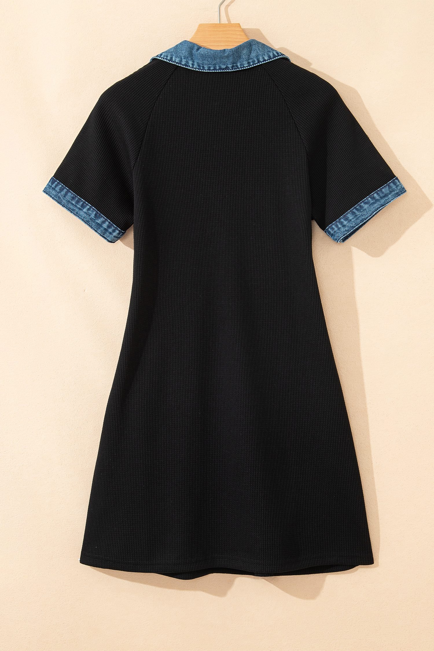 Black Waffle Knit Denim Contrast Trim Patchwork Button Polo Tee Dress