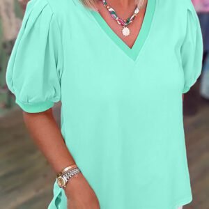 Mint Green Solid Color V Neck Short Puff Sleeve Blouse