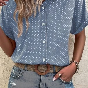 Sky Blue Dotted Print Cuffed Short Sleeve Shirt