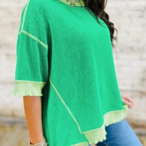 Mint Green Loose Uneven Hem Twist Ribbed T Shirt