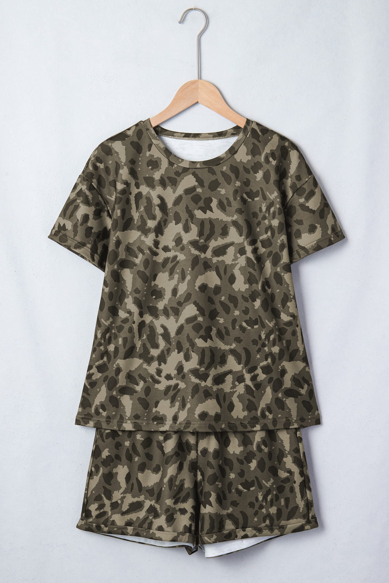 Brown Leopard Print Crew Neck Short Set