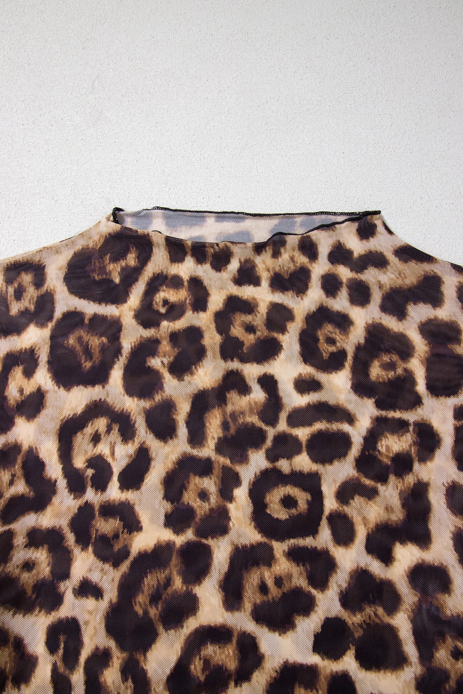 Camel Leopard Print Slim Fit Mesh Long Sleeve Mock Neck Top
