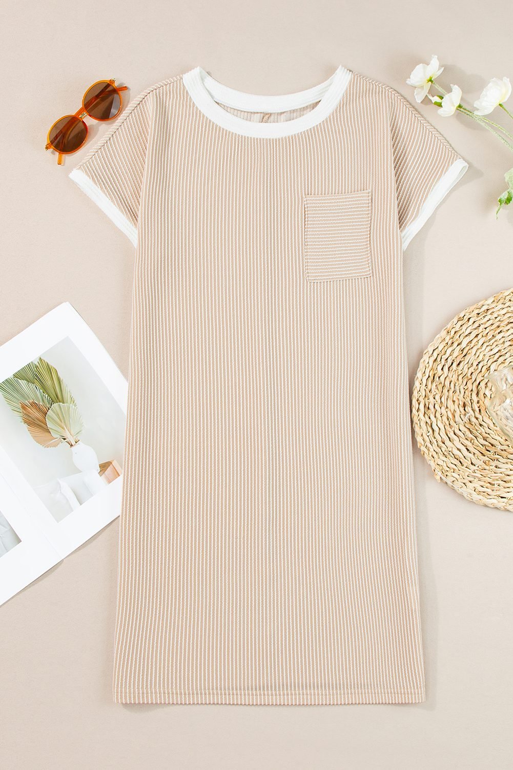 Apricot Twisted Ribbed Color Block Trim T Shirt Shift Dress