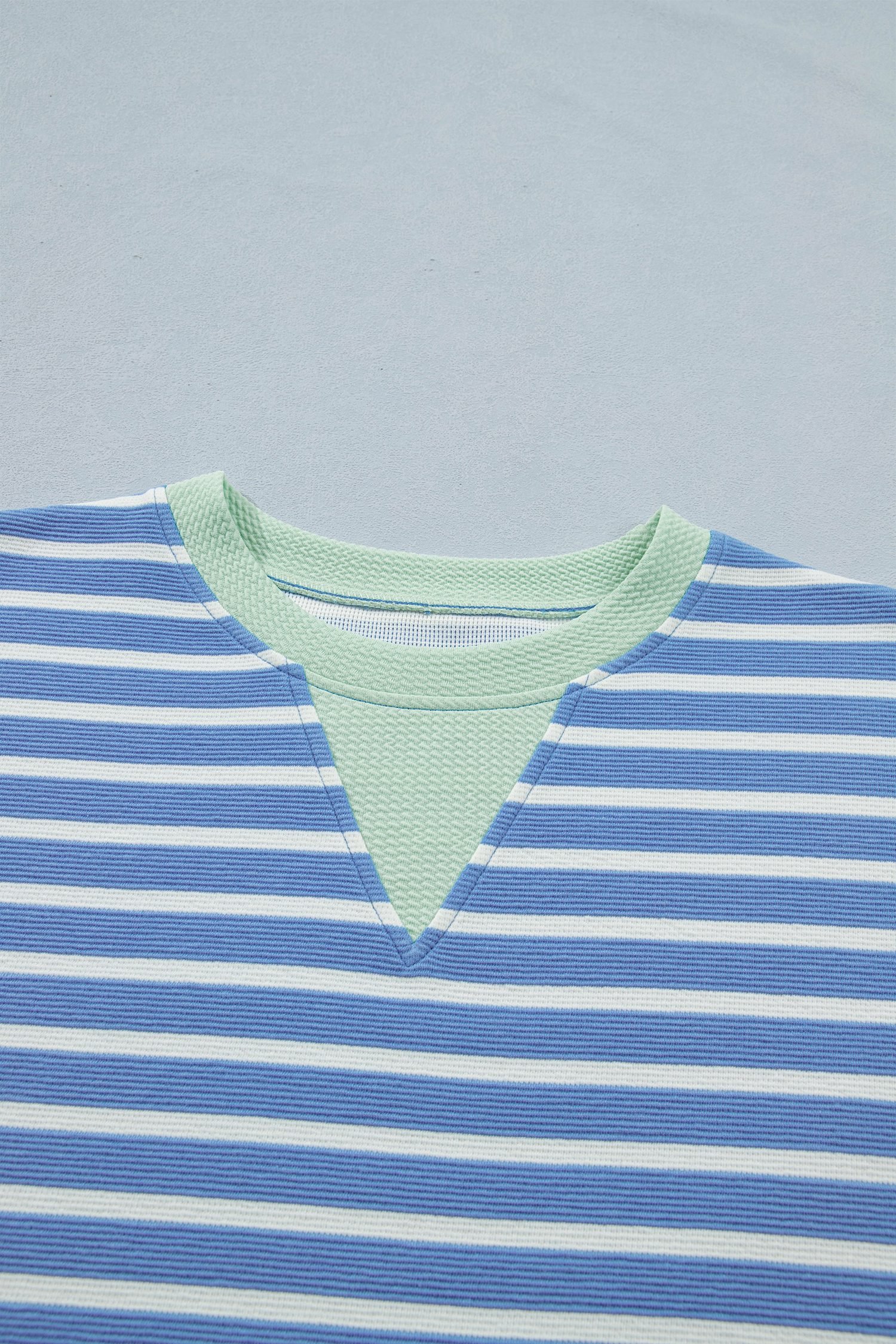 Sky Blue Stripe Contrast Trim Loose Short Sleeve Top
