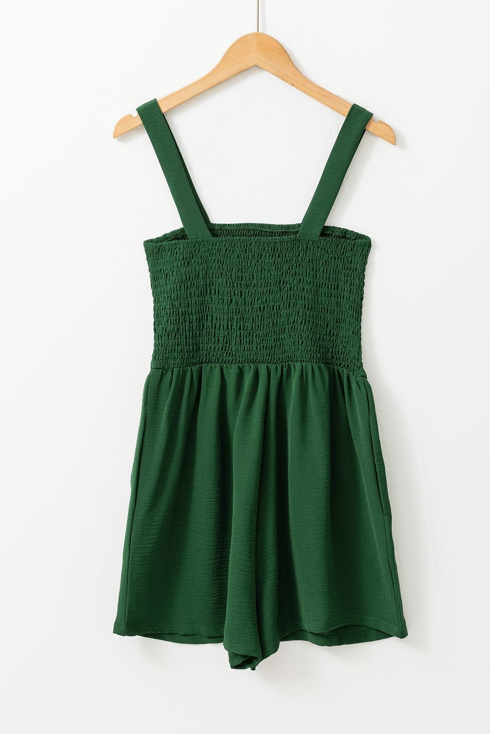 Green Casual Pocketed Smocked Sleeveless Romper