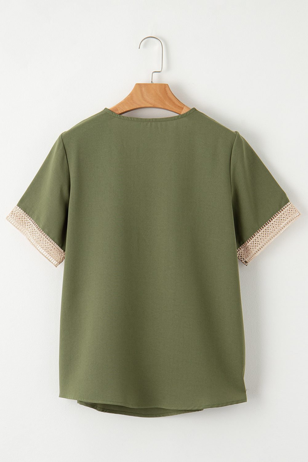 Green Lace Trim V Neck Short Sleeve Blouse