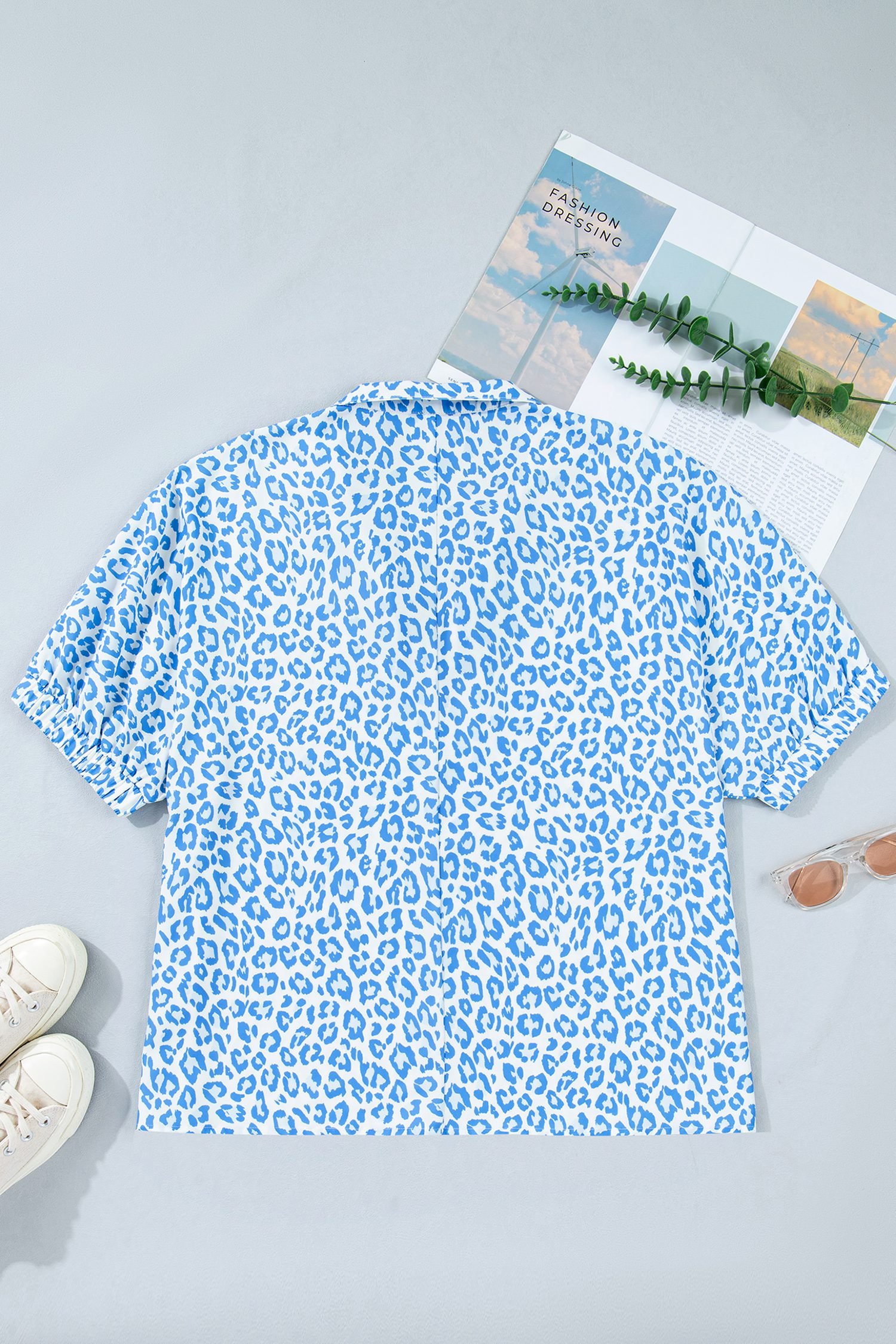 Sky Blue Striped V Neckline Half Sleeve Plus Size Leopard Blouse