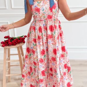 Red Floral Print Contrast Stitched Knot Denim Straps High Waist Dress