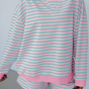 Pink Stripe Color Block Detail Long Sleeve Pullover Elastic Waist Pull On Shorts 2pcs Set
