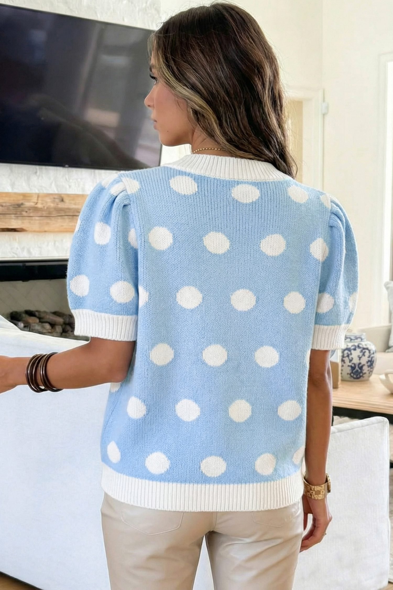 Light Blue Polka Dot Puff Short Sleeve Sweater Top