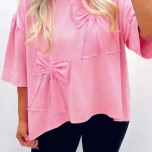 Pink Solid Color Raw Edge Bow Patch Loose T Shirt