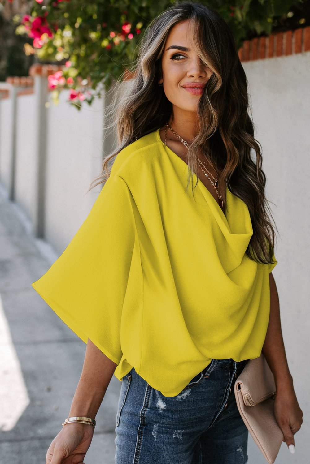 Golden Glow Women's Casual Summer Sleeve Wrap V Neck Draped Blouses