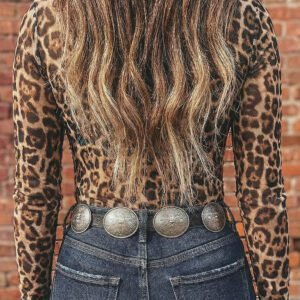 Camel Leopard Print Slim Fit Mesh Long Sleeve Mock Neck Top
