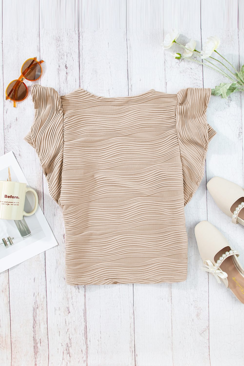Casual Wavy Textured Ruffle Sleeve Top