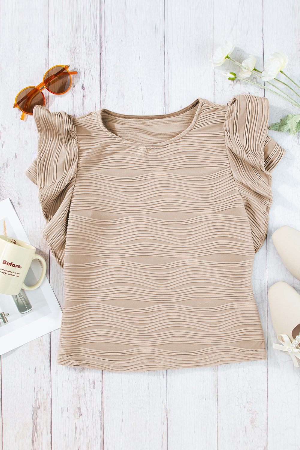 Casual Wavy Textured Ruffle Sleeve Top