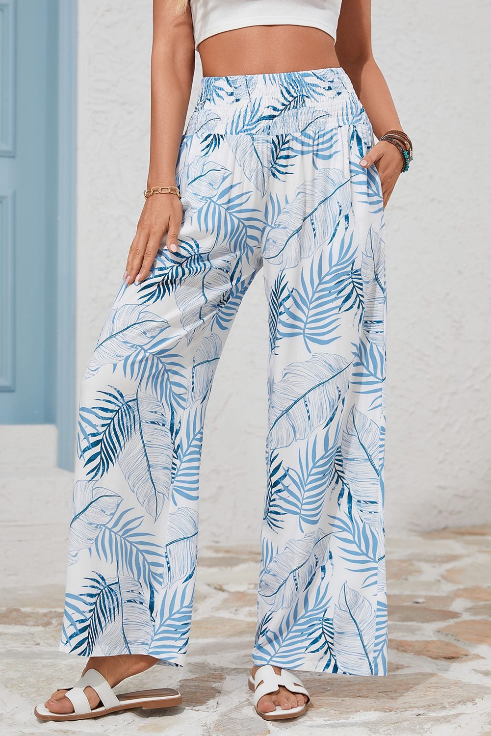 Sky Blue Geometric/ Floral/ Botanic Print Shirred Waistband Wide Leg Pants