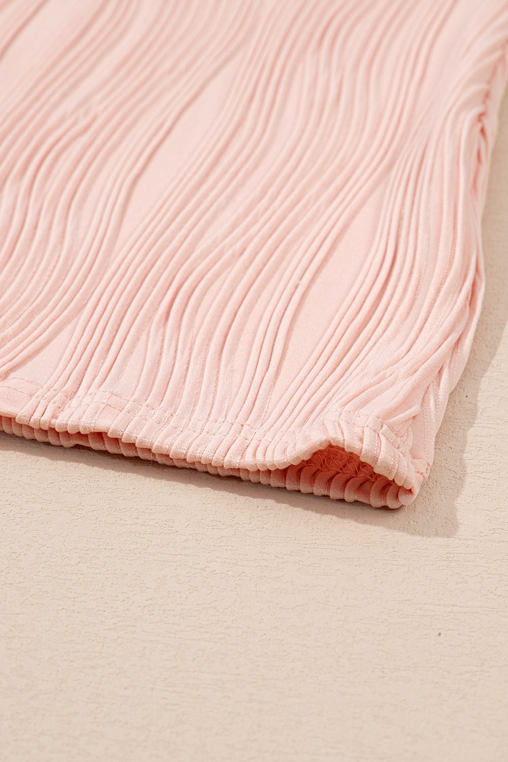 Pink Wavy Textured Button V Neck Tee