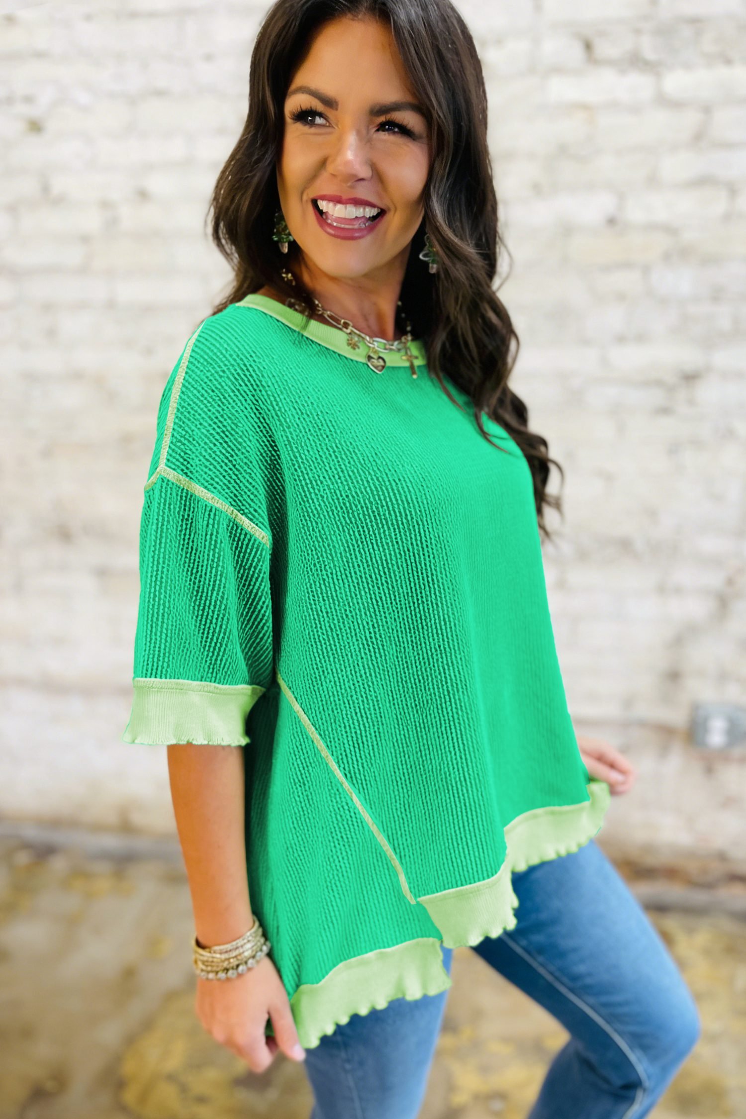Mint Green Loose Uneven Hem Twist Ribbed T Shirt