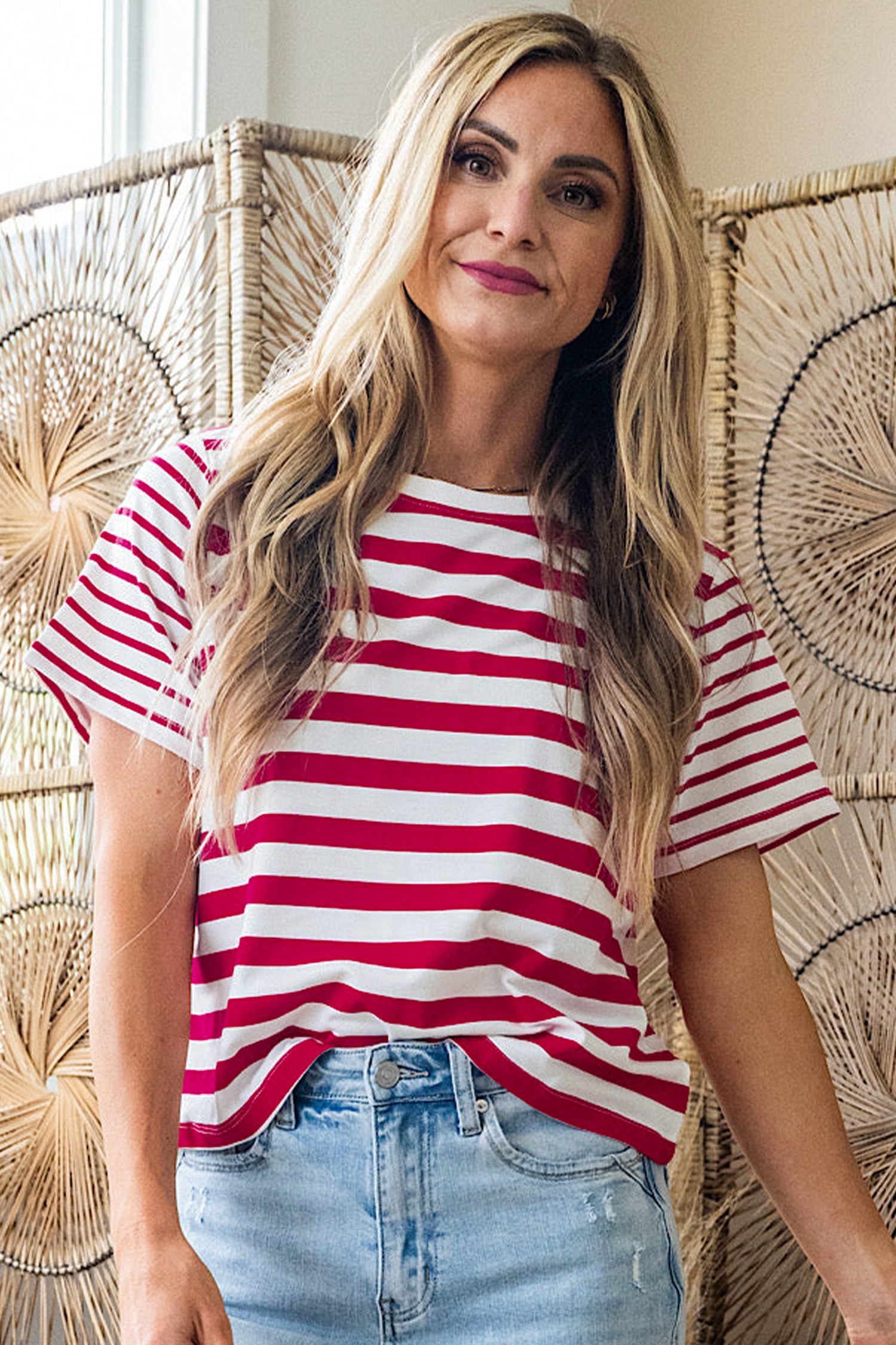 Red Stripe Patchwork Round Neck T Shirt