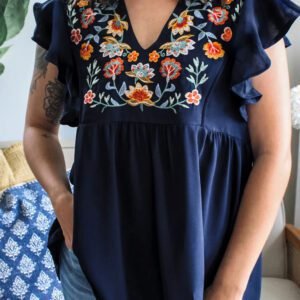 Dirty Blue V Neck Ruffled Sleeve Floral Embroidered Detail Babydoll Blouse