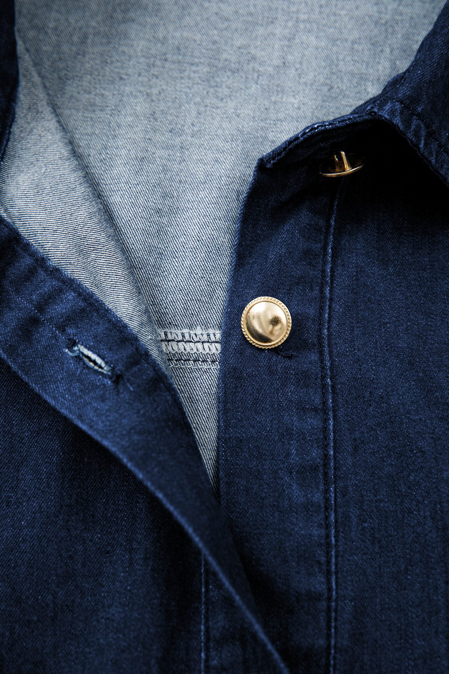 Sail Blue Full Buttons Collared Short Bubble Sleeve Long Denim Dress