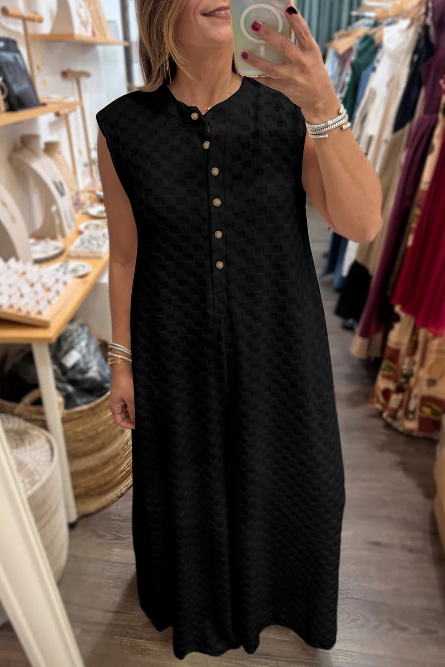 Black Half Buttons Sleeveless Wide Leg Textured Jumpsuit