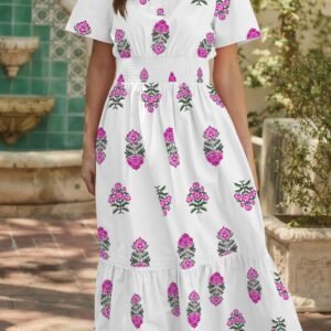 White Floral Print Split Neck Shirred High Waist Ruffle Hem Maxi Dress