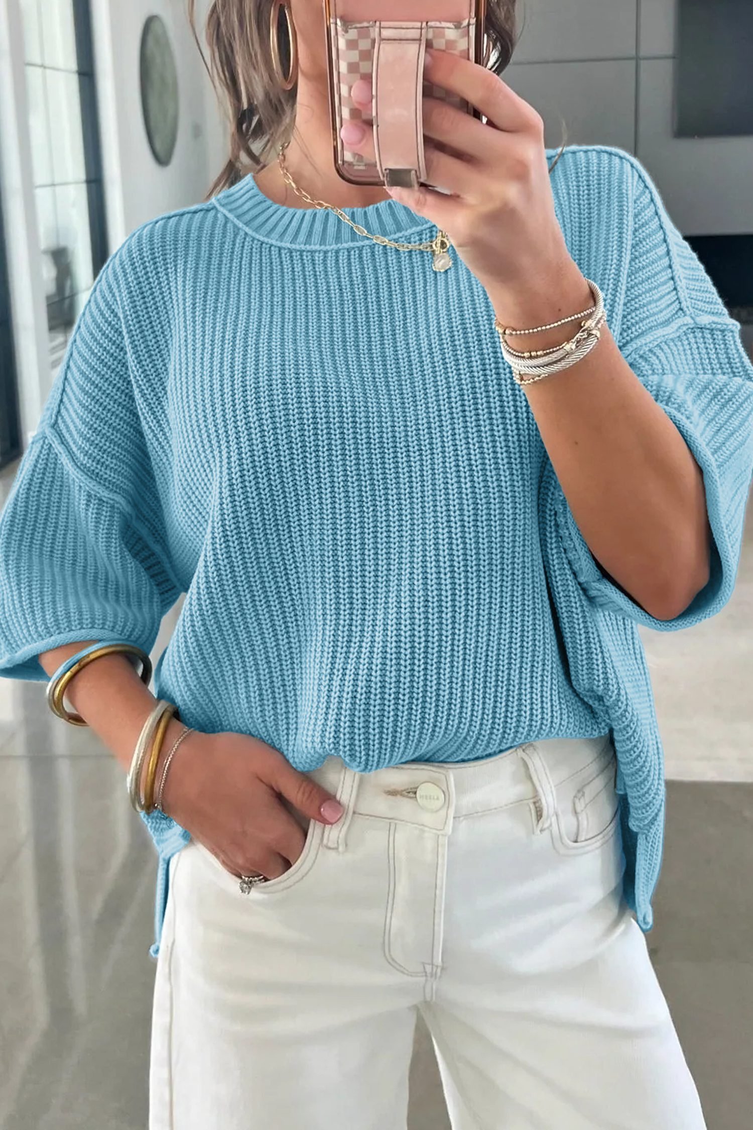 Mist Blue Exposed Seam Detail Half Sleeve Loose Sweater