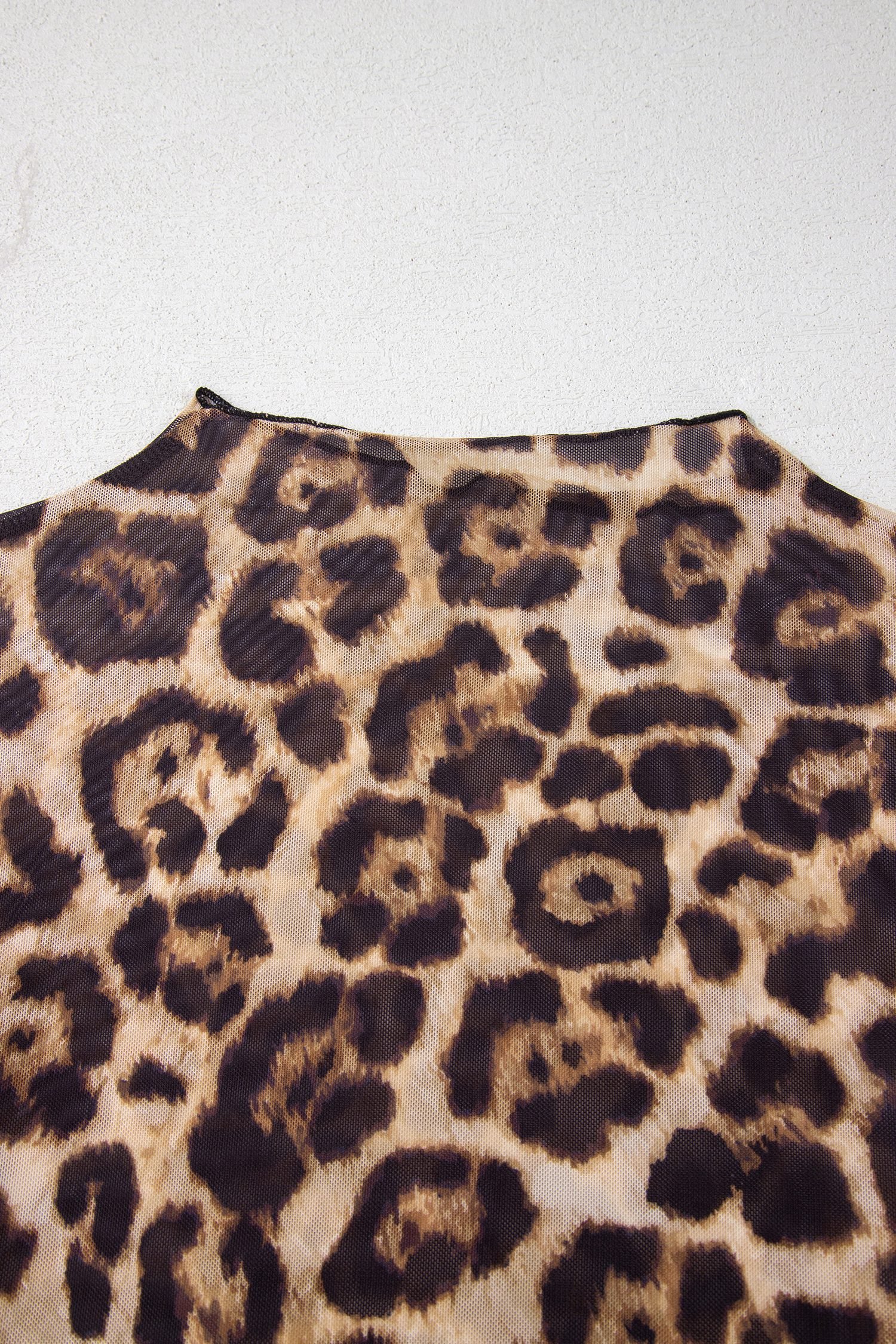 Camel Leopard Print Slim Fit Mesh Long Sleeve Mock Neck Top