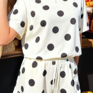 Black Polka Dot Print Loose Tee Drawstring Elastic Waist Short Set