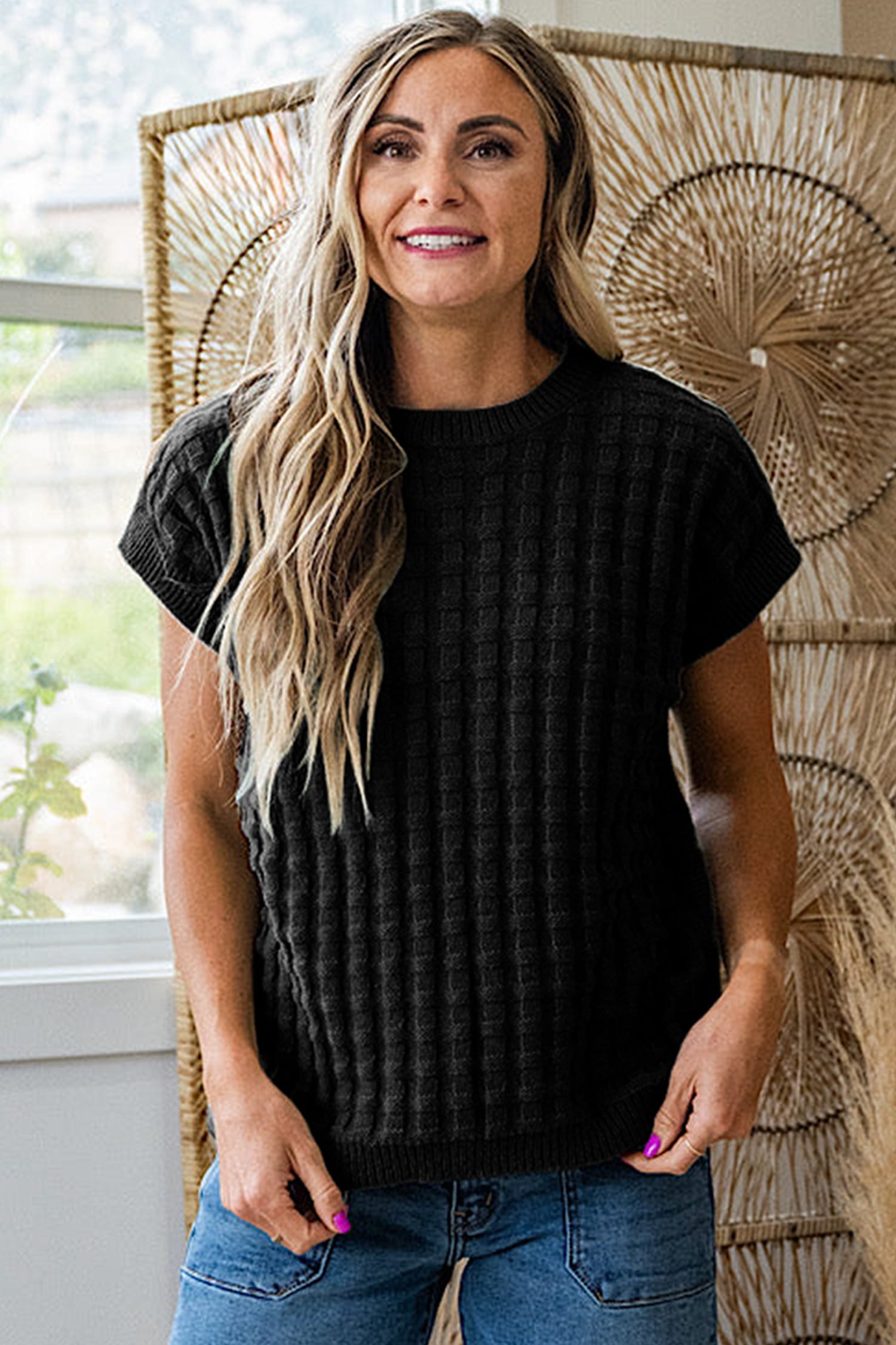 Black Solid Color Round Neck Textured Short Sleeve Sweater