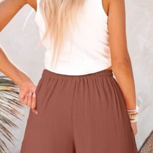 Chestnut Lace Splicing Drawstring Elastic Waist Loose Linen Shorts