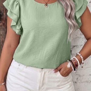 Clearly Aqua Plus Size Crew Neck Ruffle Sleeve Top