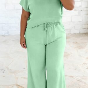 Clearly Aqua Solid Color Ribbed Trim Short Sleeve Top Drawstring Loose Pants 2pcs Outfit