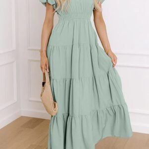Clearly Aqua Solid Color V Neck Short Puff Sleeve High Waist Tiered Maxi Dress