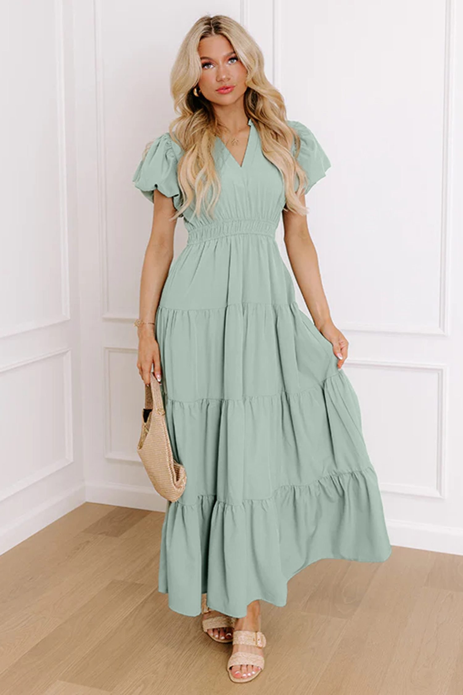Clearly Aqua Solid Color V Neck Short Puff Sleeve High Waist Tiered Maxi Dress