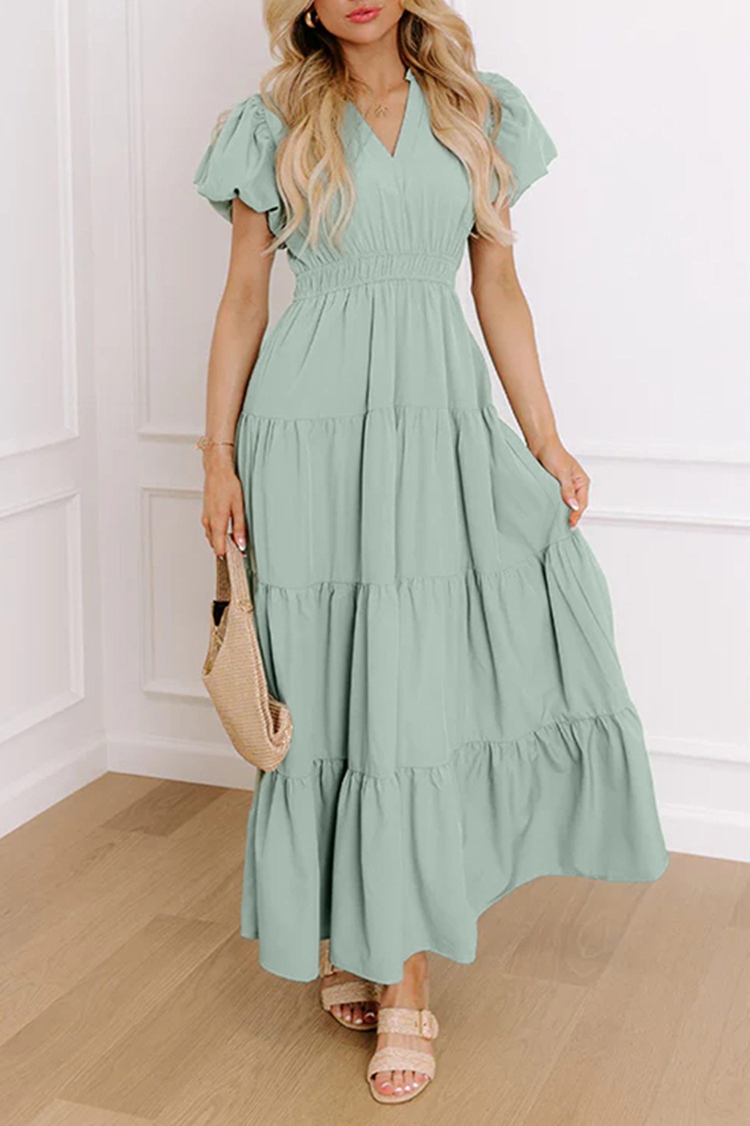 Clearly Aqua Solid Color V Neck Short Puff Sleeve High Waist Tiered Maxi Dress