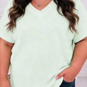 Clearly Aqua V Neck Short Sleeve Plus Size Waffle Knit Top