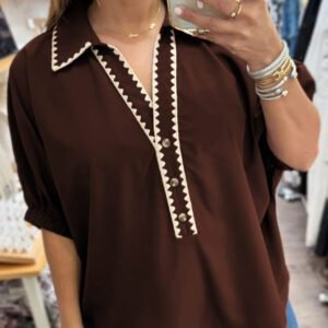 Coffee Shirt Collar Contrast Trim Button V Neck Short Sleeve Blouse